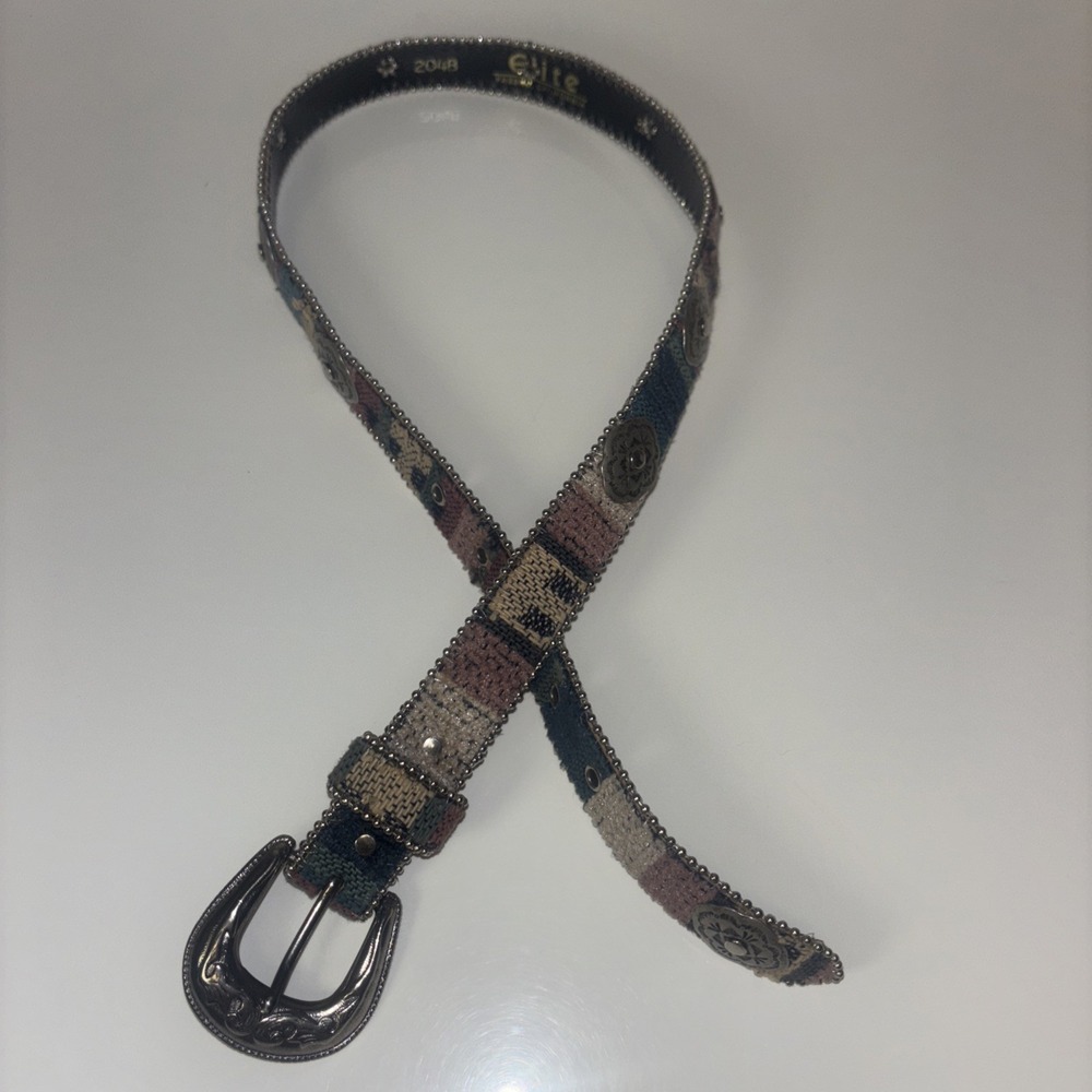 Genuine‎ Leather Belt Sz Sm Silver Studs Studded Western Country Canvas Colorful